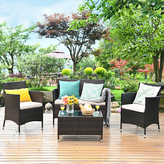 costway 4pcs outdoor patio rattan furniture set cushioned sofa table