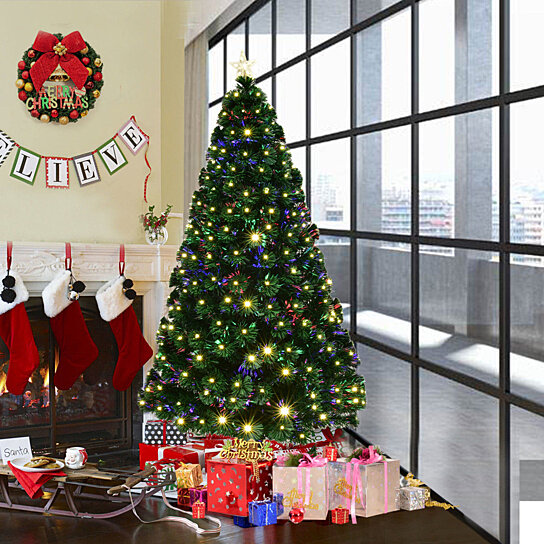 Goplus Pre-Lit Fiber Optic Artificial Christmas Tree with Multicolor Led Lights 