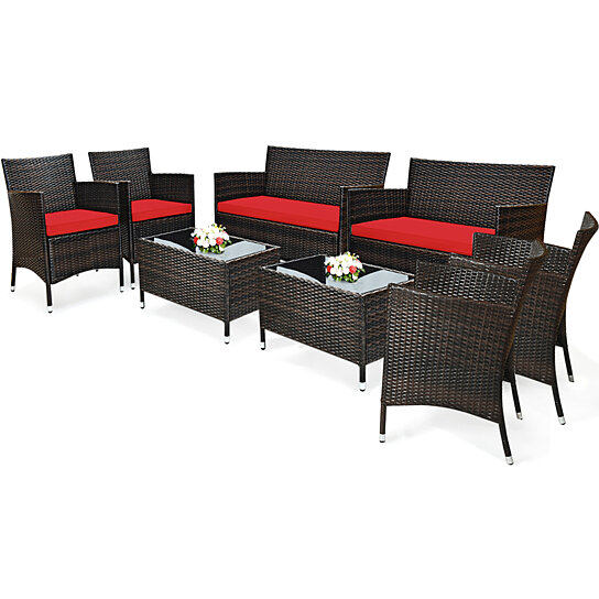 Buy Costway 8pcs Rattan Patio Furniture Set Cushioned Sofa Chair Coffee Table Red Brown Turquoise By Costway On Dot Bo