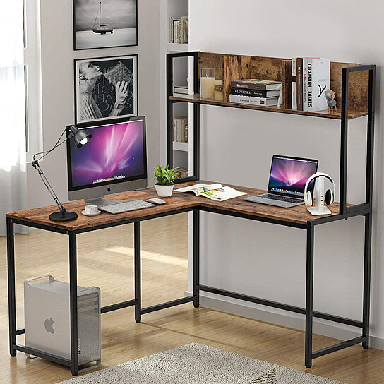 Buy Industrial L-Shaped Desk w/Hutch Bookshelf 55'' Corner Computer ...
