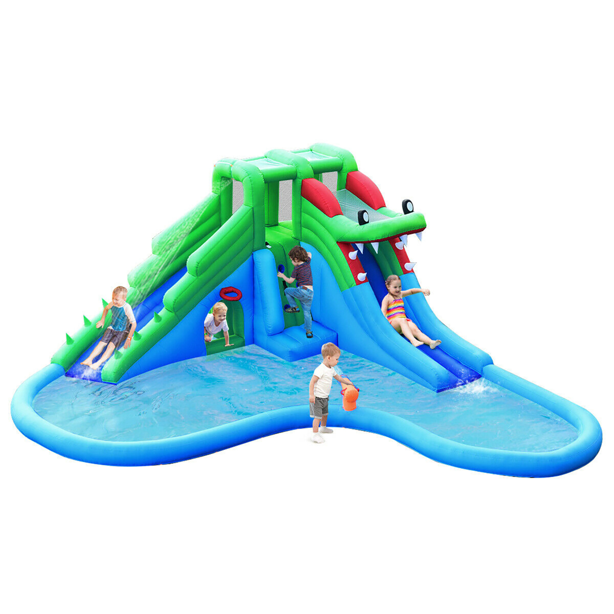 Costway Inflatable Water Park Crocodile Bouncer Dual Slide Climbing ...