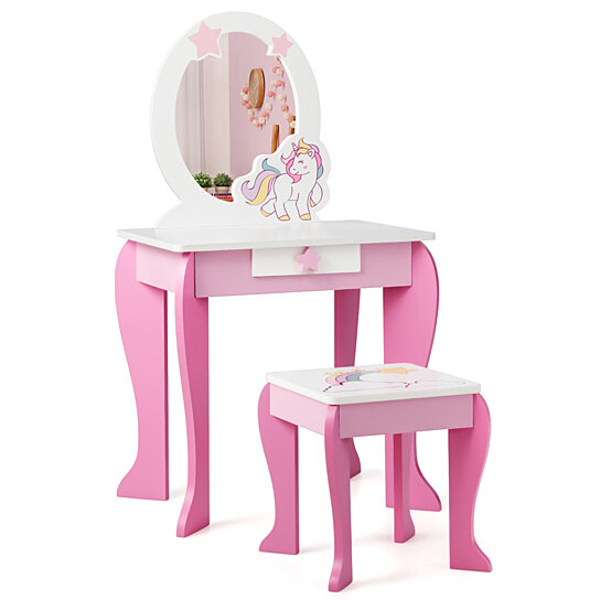 Buy Costway Kids Vanity Makeup Dressing Table Chair Set Wooden With Mirror Drawer By Costway On Dot Bo