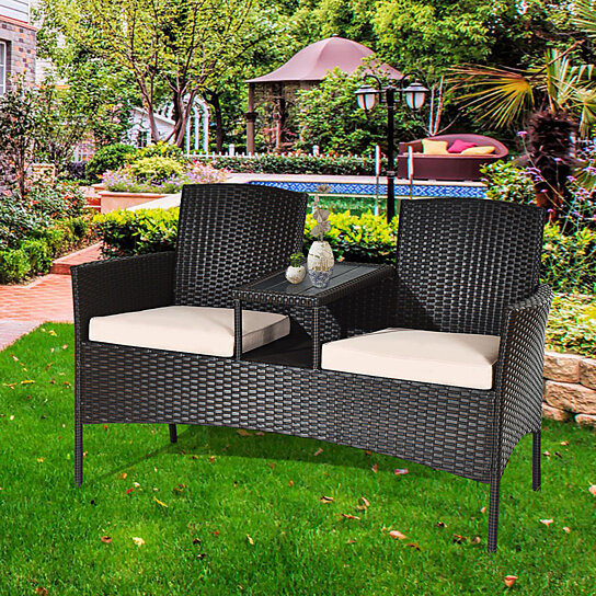 Buy Costway Patio Rattan Conversation Set Cushioned Coffee Table Loveseat Sofa By Costway On Dot Bo