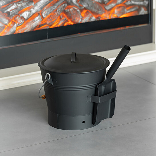 Buy Black Iron Ash Bucket With Lid And Wood Handle Brush Use For Fire Pit Wood Burning Stove 7307