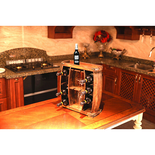 Buy Rustic Wooden Wine Rack with Glass Holder-8 Bottle Decorative Wine ...