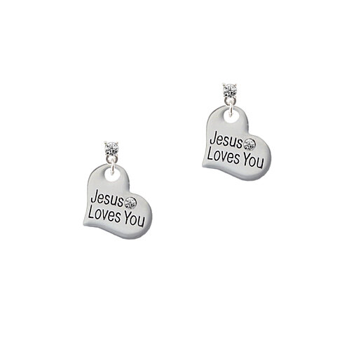 Large Jesus Loves You Heart Silver Plated Crystal Post Earrings ...