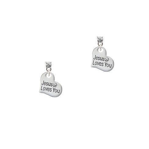 Small Jesus Loves You Heart Silver Plated Crystal Post Earrings ...