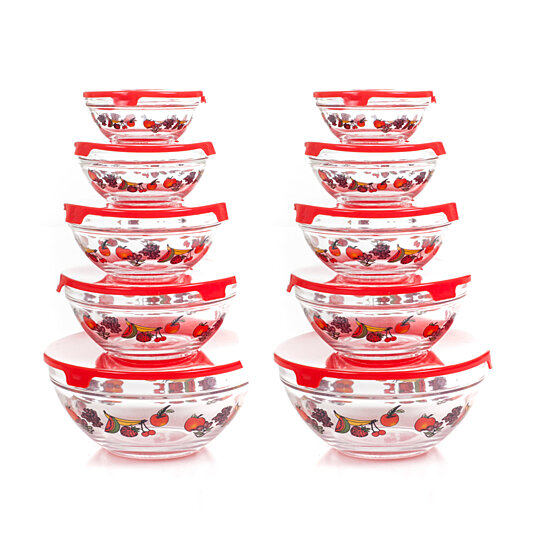 20 Piece Glass Bowl Set with Lids 10 Bowls w Lids Food Storage Bowls Fruit Design 5 Sizes