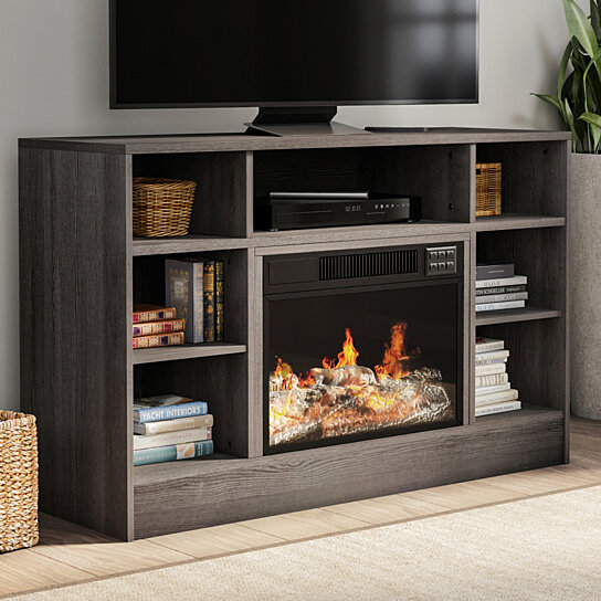 Buy Electric Fireplace Gray Tv Stand Console With Media Shelves