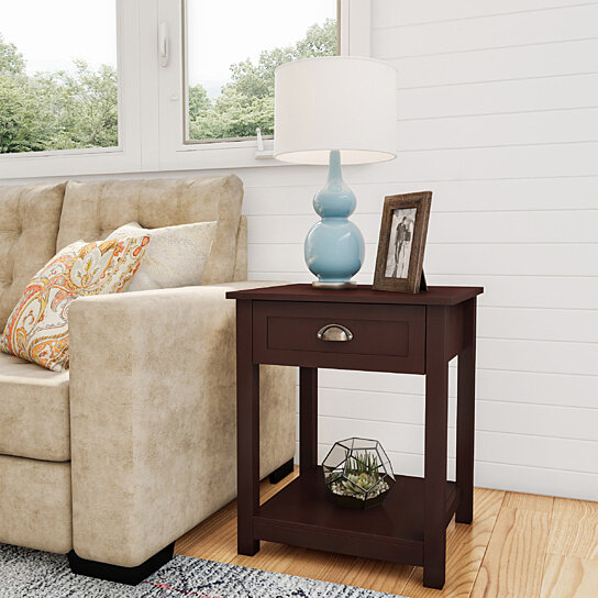 End Table with Drawer- Brown Sofa Side Table with Storage Shelf- Classic Shaker Style Wooden Nightstand