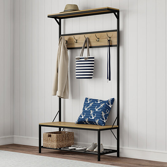 Buy Entryway Storage Bench Metal Hall Tree With Seat Coat Hooks