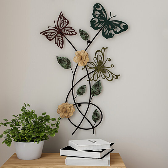 Set of 3 Colorful Butterflies Wall Art Trio 3D Metal Sculpture Flowers Greenery 