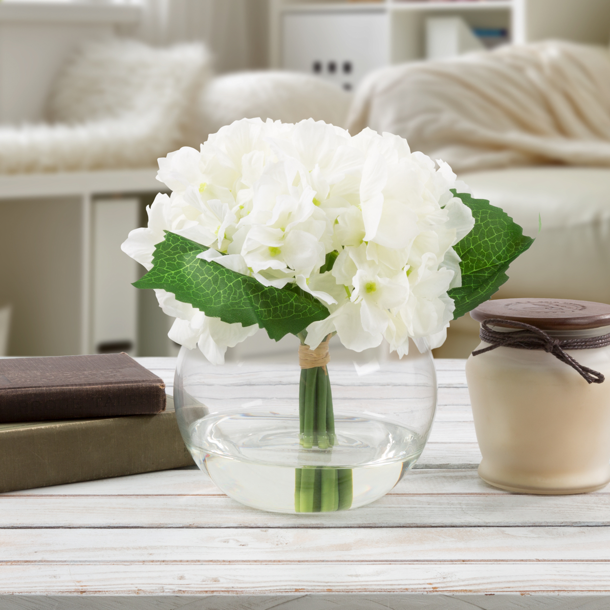 Buy Glass Round Vase Artificial Hydrangea Floral Table