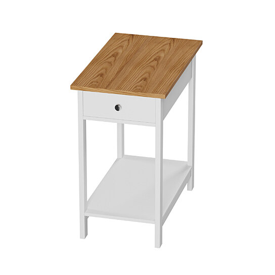 Side Table with Drawer- Narrow End Table with Storage Shelf- 2 Toned Wood Stand for Bedroom, Living Room & Entryway