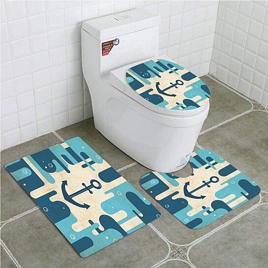 Ab-Stract Bathroom Antiskid Pad 3 Piece Set Toilet Lid Cover Set Bath Shower Mat and U-Shaped Toilet Floor Rug