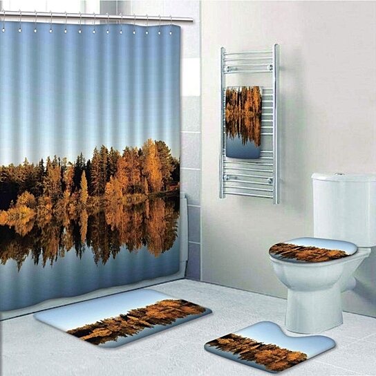 Fall Nature Tree Decor Bathroom Shower Curtain Toilet Seat Mat Anti Slip Carpet 