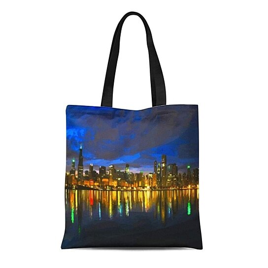 Buy Canvas Tote Bag Dusk Chicago Skyline Sunset Sky Neon Lights Modern Reusable Handbag Shoulder ...