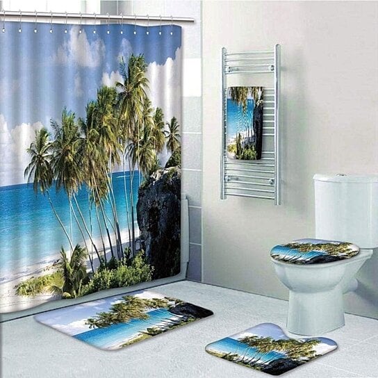 Tree Island Shower Curtain Bathroom Rug Set Bath Mat Non-Slip Toilet Lid Cover 