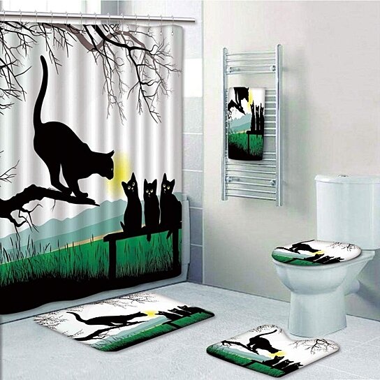 Love Tree Shower Curtain Bathroom Rug Set Bath Mat Non-Slip Toilet Lid Cover 