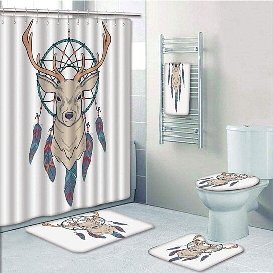 Buy Deer Roe Deer With American Tribal Dream Sketch 5 Pcs Bath Curtain Towel Rug Contour Mat Toilet Lid Cover By Felix Honey On Dot Bo