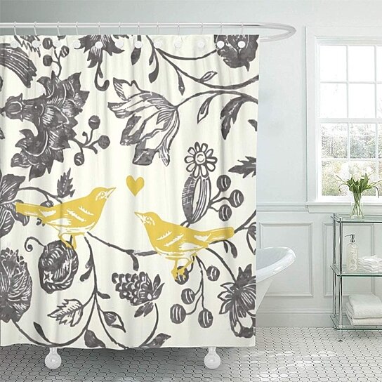 BANDED FLORAL BIRD YELLOW GREY LINED 66" X 72" 168CM X 183CM RING TOP CURTAINS 