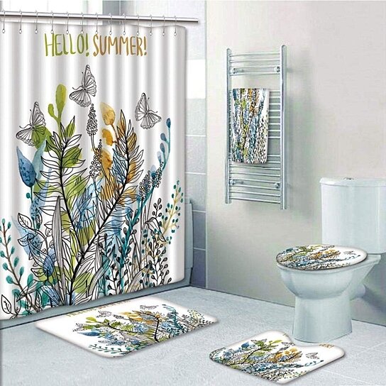 Floral Butterfly Pint 3 Piece Bathroom Bath Set Rug Contour Mat Toilet Lid Cover 