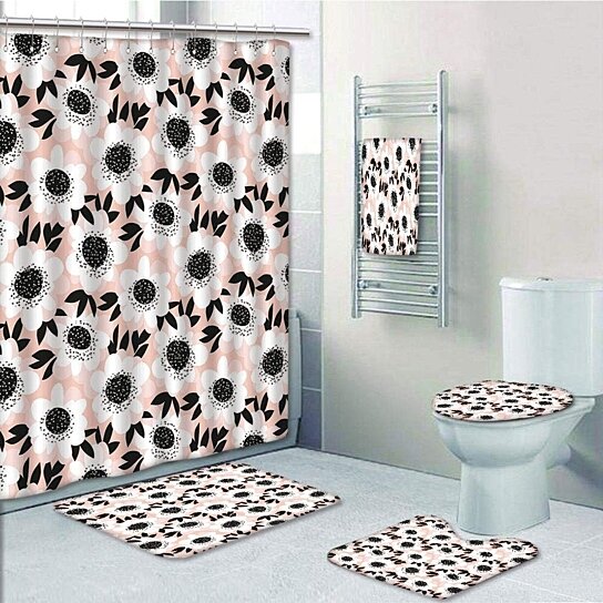 Floral Shower Curtain Bathroom Rug Set Soft Bath Mat Non-Slip Toilet Lid Cover 