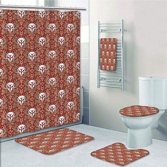 Skull and Red Flower Shower Curtain Toilet Cover Rug Bath Mat Contour Rug Set 