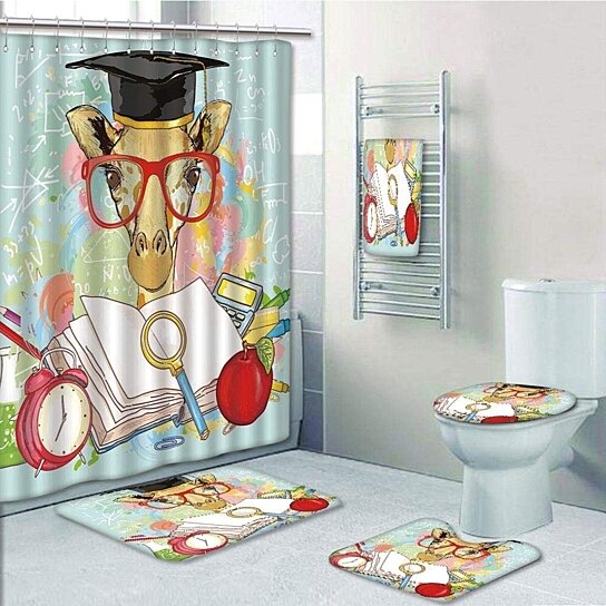 Giraffe with Glasses Shower Curtain Toilet Cover Rug Mat Contour Rug Set