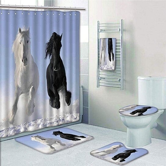 Buy Horses Competing Racing Horses On Snow Good Evil Mythical Symbolic Creatures 5 Pcs Bath Curtain Towel Rug Contour Mat Toilet Lid Cover By Felix Honey On Dot Bo