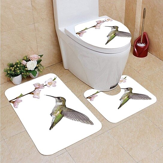 3 Piece Bath Mat Set Hummingbird Bird Non Slip Bathroom Rug Contour Toilet Cover 