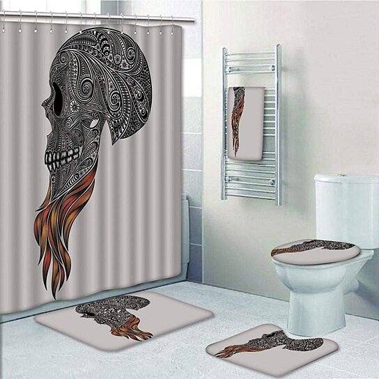 Skull flower Shower Curtain Bathroom Rug Set Bath Mat Non-Slip Toilet Lid Cover