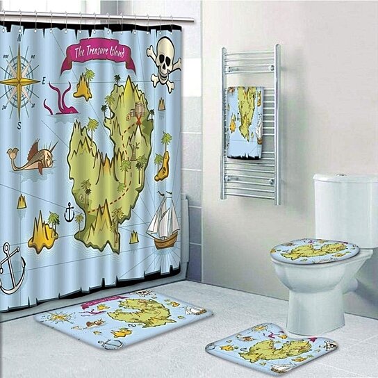 Nautical Map Bathroom Rug Set Shower Curtain Non Slip Toilet Lid Cover Bath Mat 
