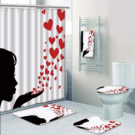 Valentine Love Heart Shower Curtain Bathroom Anti-slip Carpet Rug Toilet Cover 