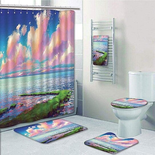 Sunset Purple Sky Shower Curtain Toilet Cover Rug Mat Contour Rug Set