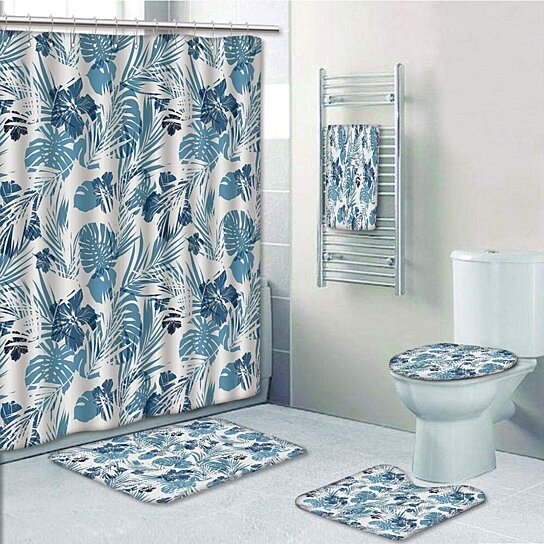 Blue Green Leaves Shower Curtain Set With Non Slip Rug Toilet Lid Cover And Mat 