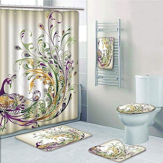 Peacock Feather Design Polyester Fabric Shower Curtain Bath Mat Bathroom Decor 