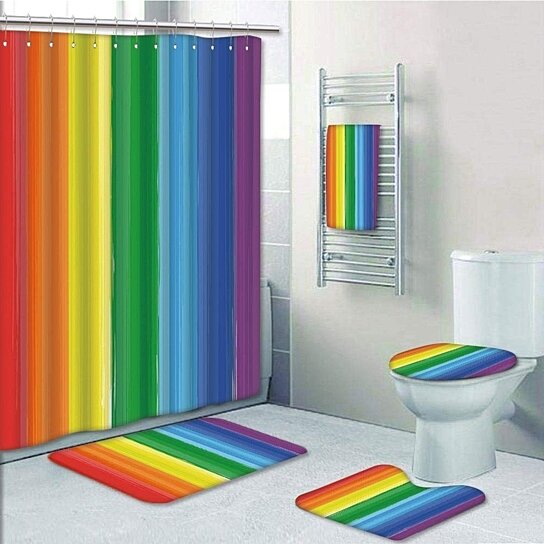 Rainbow Shower Curtain Bath Mat Toilet Lid Cover Rugs Home Bathroom Decor 