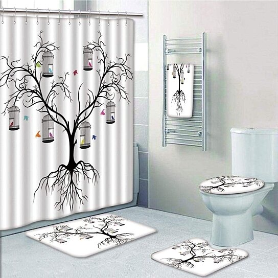 Love Tree Shower Curtain Bathroom Rug Set Bath Mat Non-Slip Toilet Lid Cover 