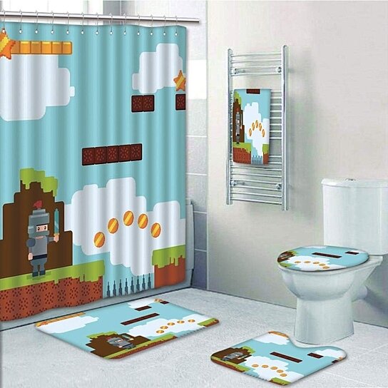 Video Game Shower Curtain Set Bathroom Non-Slip Bath Mat Toilet Lid Cover Rug 