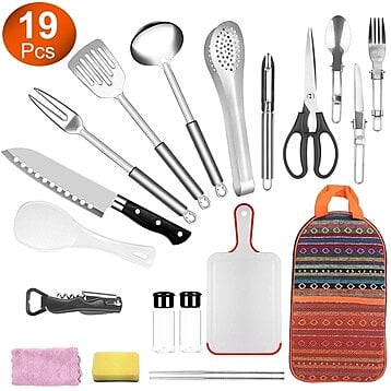 19Pcs Camping Cooking Utensil Kit Portable Picnic Cookware Outdoor Kitchen  Equipment Gear Campfire Barbecue Appliances with Storage Bag