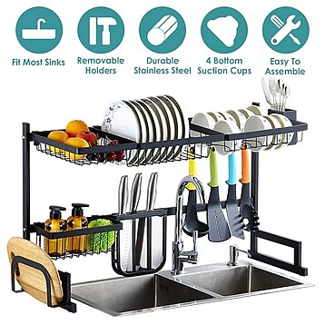 2 Tier Kitchen Stainless Steel Dish Rack with Cutlery Holder and