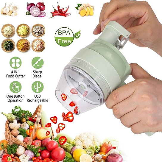 Nicoport 4 In 1 Handheld Electric Vegetable Cutter and Slicer USB Mini  Wireless Food Processor with Brush for Ginger Peppers Onions