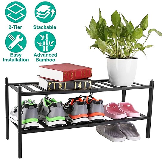 Small Shoe Rack, Narrow Stackable Shoe Shelf Organizer Closet (4-Tier,  Black)