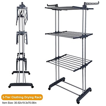 Clothes Drying Rack Rolling Collapsible Laundry Dryer Hanger Stand Rail  Shelve Wardrobe Clothing Drying Racks