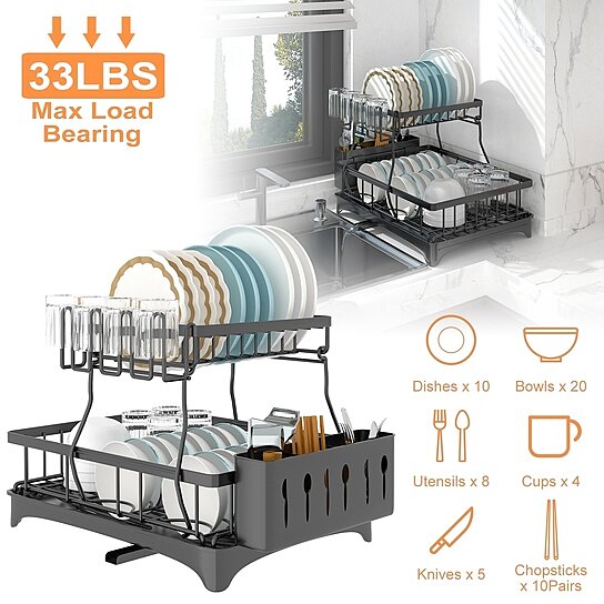 Large Kitchen Over Sink Dish Drying Rack Snap-On Design 2 Tier Stainless  Steel