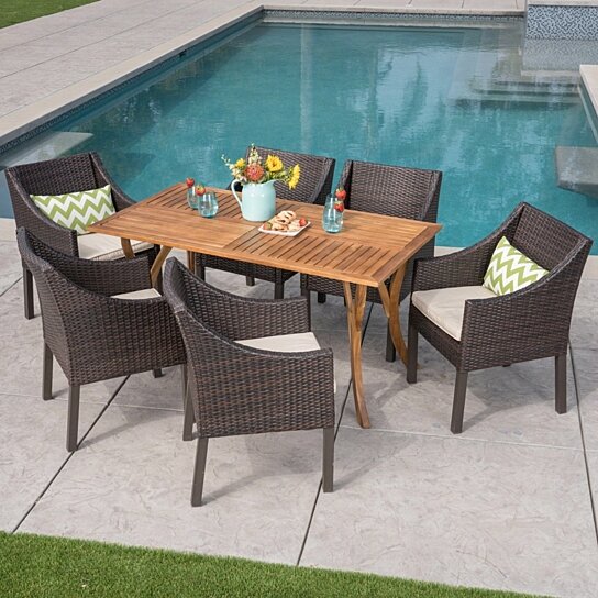 outdoor 7 piece acacia wood wicker dining set