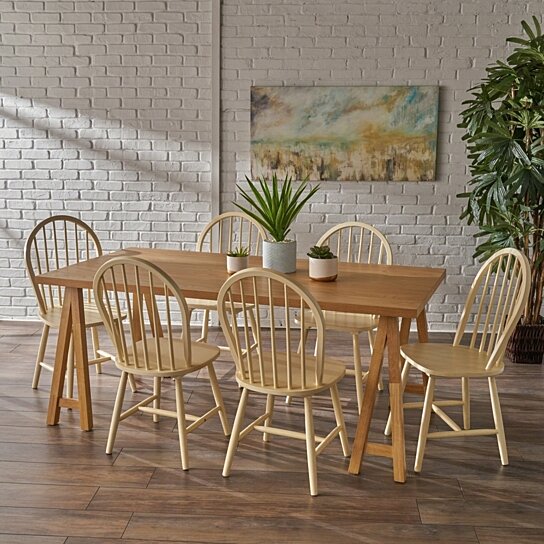 Amy Farmhouse Cottage 7 Piece Faux Wood Dining Set With Rubberwood Chairs