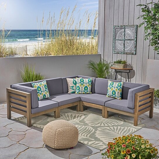 Buy Great Deal Furniture Dawson Outdoor V Shaped Sectional Sofa Set 5 Seater Acacia Wood Outdoor Cushions By Gdfstudio On Dot Bo