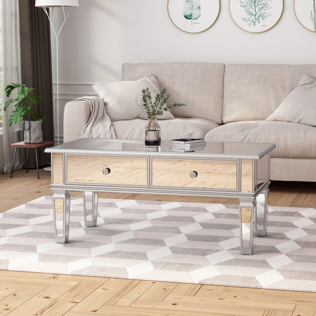 Buy Janet Modern Mirrored Coffee Table with Drawers, Tempered Glass by